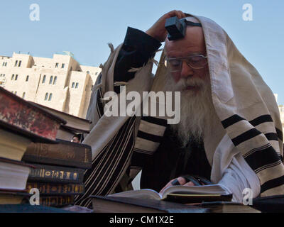 A bearded religious Jewish man prays at the Western Wall covered with a talit, a traditional Jewish prayer shawl and tefilin, phylacteries, on his forehead and left arm. Jerusalem, Israel. 16-September-2012.  Thousands pray at the Western Wall on the Eve of the Jewish New Year for the last time in the year 5772. According to the Jewish calendar the year 5773 and the Jewish High Holidays will begin tonight after sunset. Stock Photo