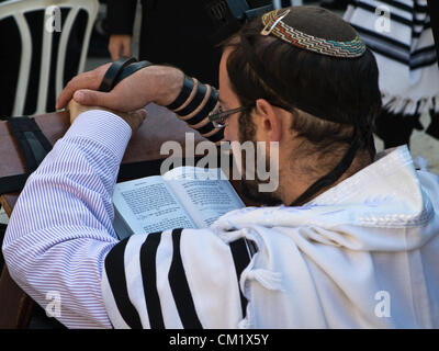 A man reads from Hebrew prayer book at the Western Wall, the Kotel, on the Eve of the Jewish New Year, Rosh Hashanah. Jerusalem, Israel. 16-September-2012.  Thousands pray at the Western Wall on the Eve of the Jewish New Year for the last time in the year 5772. According to the Jewish calendar the year 5773 and the Jewish High Holidays will begin tonight after sunset. Stock Photo