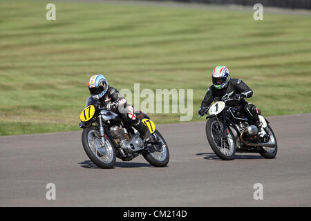 Goodwood Estate, Chichester, UK. 15th September 2012. Riders pictured during the Barry Sheene Memorial. The revival is a 'magical step back in time', showcasing a mixture of cars and aviation from the 40's, 50's and 60's and is one of the most popular historical motor racing events in the world. For more information visit www.goodwood.co.uk/revival. Stock Photo