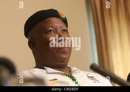 JOHANNESBURG, SOUTH AFRICA: Expelled ANC Youth League leader Julius Malema addresses the media on September 18, 2012 in Johannesburg, South Africa. Malema, who was recently blocked by police from speaking to striking Lonmin mine workers, accused President Jacob Zuma of being behind a plot to have him killed. (Photo by Gallo Images / The Times / Sydney Seshibedi) Stock Photo