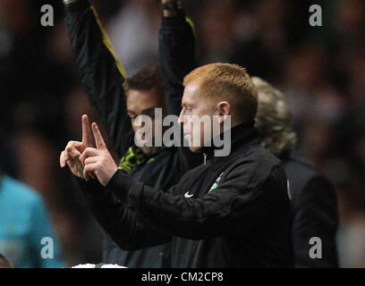 UEFA Champions League Football -  Season 2012-13  Group G. Celtic FC v Benfica FC. Celtic manager Neil Lennon  in action during The UEFA Champions League Group G match between Celtic FC and Benfica FC. Stock Photo