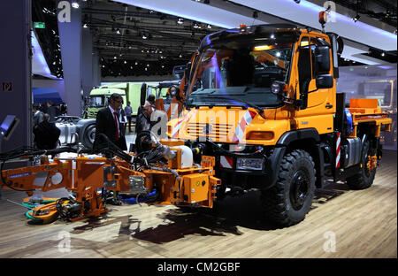 New Mercedes Benz Unimog Road Cleaning Truck at the International Motor Show for Commercial Vehicles Stock Photo