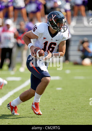 Sept. 22, 2012 - Fort Worth, Texas, United States of America - Virginia Cavaliers quarterback Michael Rocco (16) in action during the game between the Virginia Cavaliers and the TCU Horned Frogs  at the Amon G. Carter Stadium in Fort Worth, Texas. TCU leads Virginia 14 to 0 at halftime. (Credit Image: © Dan Wozniak/ZUMAPRESS.com) Stock Photo