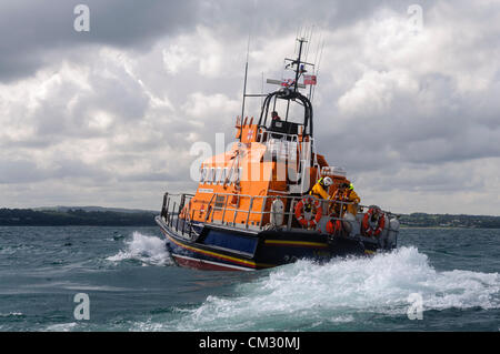 Bangor, County Down. 23/09/2012 - Donaghadee RNLI lifeboat crew scan the sea for survivors and bodies.  Emergency Services hold 'Operation Diamond', a joint training exercise off the coast of North Down. Stock Photo