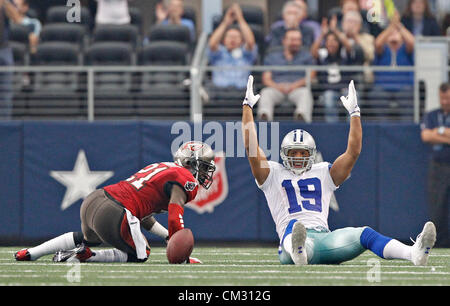 Sept. 23, 2012 - Florida, U.S. - Dallas Cowboys wide receiver Miles Austin (19) celebrates a 43 yard completion before being tackle by Tampa Bay Buccaneers cornerback Eric Wright (21) in the third quarter. SECOND HALF ACTION: The Tampa Bay Buccaneers play the Dallas Cowboys at Cowboys Stadium in Arlington, Texas. The Dallas Cowboys won 16-10. (Credit Image: © Daniel Wallace/Tampa Bay Times/ZUMAPRESS.com) Stock Photo