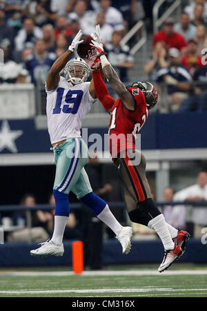 Sept. 23, 2012 - Dallas, Florida, U.S. - Dallas Cowboys wide receiver Miles Austin (19) out reaches cornerback Eric Wright (21) to pull in a long pass in the second half. The Tampa Bay Buccaneers play the Dallas Cowboys at Cowboys Stadium in Arlington, Texas. BRUCE MOYER, Times (Credit Image: © Bruce Moyer/Tampa Bay Times/ZUMAPRESS.com) Stock Photo
