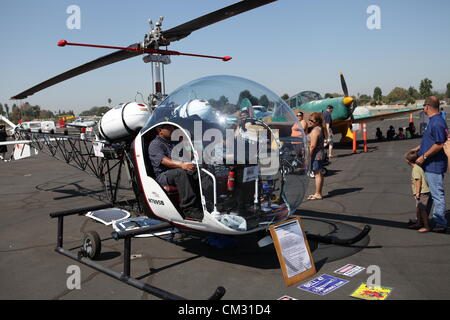 EL MONTE, CALIFORNIA, USA - SEPTEMBER 23, 2012 - The Bell 47G Helicopter was the first certified Civil helicopter. On display at the El Monte Airshow on September 23, 2012. Stock Photo