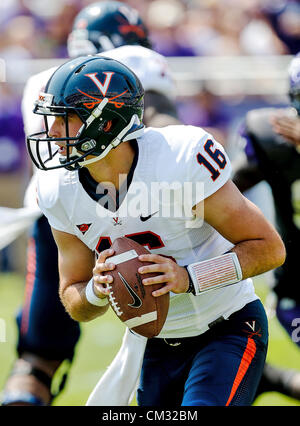 Sept. 22, 2012 - Fort Worth, Texas, United States of America - Virginia Cavaliers quarterback Michael Rocco (16) in action during the game between the Virginia Cavaliers and the TCU Horned Frogs  at the Amon G. Carter Stadium in Fort Worth, Texas. TCU defeats Virginia 27 to 7. (Credit Image: © Dan Wozniak/ZUMAPRESS.com) Stock Photo