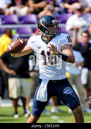 Sept. 22, 2012 - Fort Worth, Texas, United States of America - Virginia Cavaliers quarterback Michael Rocco (16) in action during the game between the Virginia Cavaliers and the TCU Horned Frogs  at the Amon G. Carter Stadium in Fort Worth, Texas. TCU defeats Virginia 27 to 7. (Credit Image: © Dan Wozniak/ZUMAPRESS.com) Stock Photo