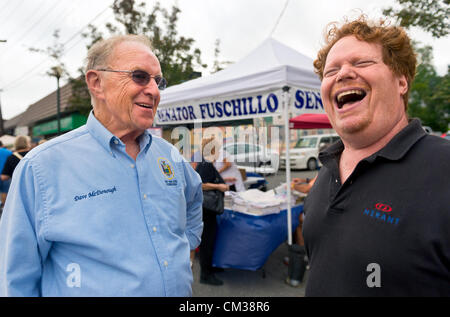 Sept. 22, 2012 - Bellmore, New York U.S. - New York State Assemblyman DAVID MCDONOUGH (Republican - Assembly District 19) of Merrick, speaks with area resident at the 26th Annual Bellmore Family Street Festival. More people than the well over 120,000 who attended the Long Island fair last year were expected. Stock Photo