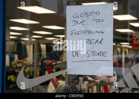 24th September 2012. Flooding closes JJB sports store, Ravenside Retail Park,  on the day it was announced the company are to go into administration, Chesterfield, Derbyshire, UK Stock Photo