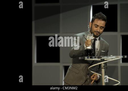 Sept. 27, 2012 - San Sebastian, Euskadi, Spain - Director Juan Antonio Bayona delivers the Donosti Lifetime Achievement Award to Ewan McGregor during 60th San Sebastian International Film Festival at the Kursaal Palace on September 27, 2012 in San Sebastian, Spain. (Credit Image: © Jack Abuin/ZUMAPRESS.com) Stock Photo