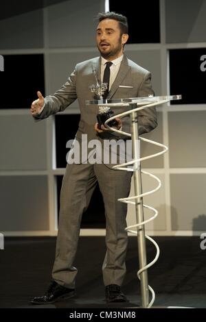 Sept. 27, 2012 - San Sebastian, Euskadi, Spain - Director Juan Antonio Bayona delivers the Donosti Lifetime Achievement Award to Ewan McGregor during 60th San Sebastian International Film Festival at the Kursaal Palace on September 27, 2012 in San Sebastian, Spain. (Credit Image: © Jack Abuin/ZUMAPRESS.com) Stock Photo