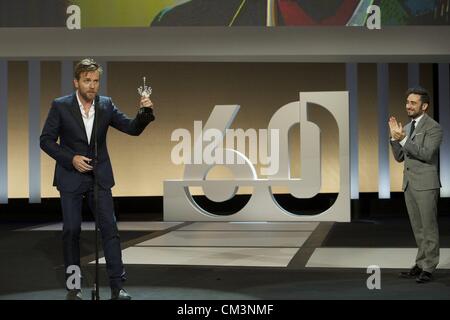 Sept. 27, 2012 - San Sebastian, Euskadi, Spain - Director Juan Antonio Bayona delivers the Donosti Lifetime Achievement Award to Ewan McGregor during 60th San Sebastian International Film Festival at the Kursaal Palace on September 27, 2012 in San Sebastian, Spain. (Credit Image: © Jack Abuin/ZUMAPRESS.com) Stock Photo