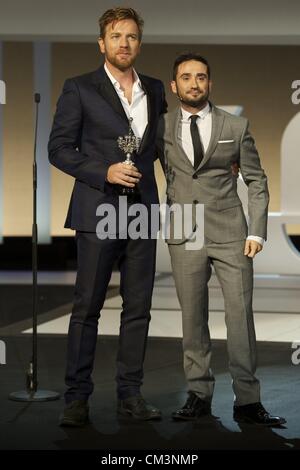 Sept. 27, 2012 - San Sebastian, Euskadi, Spain - Director Juan Antonio Bayona delivers the Donosti Lifetime Achievement Award to Ewan McGregor during 60th San Sebastian International Film Festival at the Kursaal Palace on September 27, 2012 in San Sebastian, Spain. (Credit Image: © Jack Abuin/ZUMAPRESS.com) Stock Photo