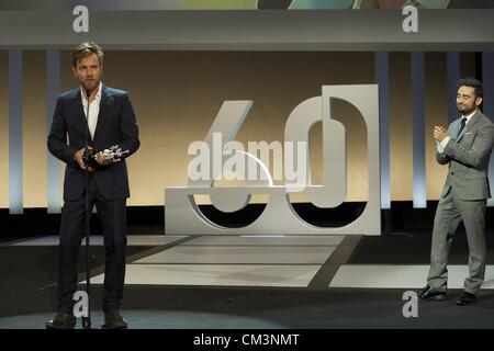 Sept. 27, 2012 - San Sebastian, Euskadi, Spain - Director Juan Antonio Bayona delivers the Donosti Lifetime Achievement Award to Ewan McGregor during 60th San Sebastian International Film Festival at the Kursaal Palace on September 27, 2012 in San Sebastian, Spain. (Credit Image: © Jack Abuin/ZUMAPRESS.com) Stock Photo