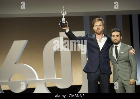 Sept. 27, 2012 - San Sebastian, Euskadi, Spain - Director Juan Antonio Bayona delivers the Donosti Lifetime Achievement Award to Ewan McGregor during 60th San Sebastian International Film Festival at the Kursaal Palace on September 27, 2012 in San Sebastian, Spain. (Credit Image: © Jack Abuin/ZUMAPRESS.com) Stock Photo