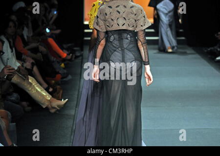 JOHANNESBURG, SOUTH AFRICA - SEPTEMBER 27: Models showcase a design from Black Coffee. In the Autumn/Winter Collections 2013, which is part of SA Fashion week, on September 27, 2012 in Johannesburg, South Africa (Photo by Gallo Images / Dino Lloyd) Stock Photo