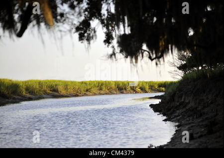 Aug. 23, 2012 - Sapelo Island, Georgia, U.S. - Framed by spanish moss dripping from live oak trees, the sun rises on a creek bank of spartina. (Credit Image: © Stephen Morten/zReportage.com/ZUMA) Stock Photo