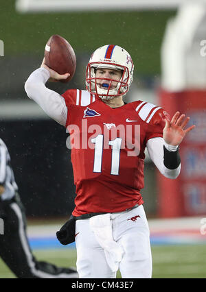 Sept. 29, 2012 - Dallas, Texas, United States of America - Southern Methodist Mustangs quarterback Garrett Gilbert (11) in action during the game between the Southern Methodist Mustangs and the TCU Horned Frogs at the Gerald J. Ford Stadium in Dallas, Texas. TCU defeats SMU 24 to 16. (Credit Image: © Dan Wozniak/ZUMAPRESS.com) Stock Photo