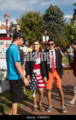 Denver, CO – Jack Schmitt from St. Louis, MO and Chris Delbene from Oregon dress as Mitt Romney and Paul Ryan during Debate Fest on the campus of the University of Denver on October 3, 2012.  The University hosted Debate Fest for students, alumni, staff, and members of the University neighborhood for the Obama Romney Debate. USA. Stock Photo
