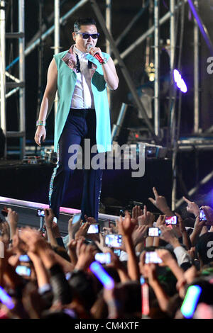 Oct. 4, 2012 - Seoul, SOUTH KOREA - Korean pop star PSY shows off the ''Gangnam Style'' dance during a free concert at Seoul Plaza, on Thursday, Oct. 4, 2012 in Seoul, South Korea. Stock Photo