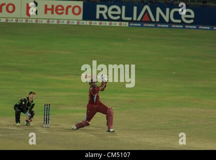 Colombo, Sri Lanka. 5th October 2012. Kieron Pollard from West Indies hitting a six during the ICC T20 Cricket World Cup Semi Finals match between Australia and West Indies in Sri Lanka on Oct 5th, 2012 Stock Photo