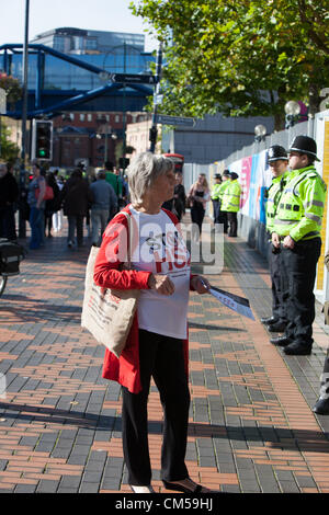 Birmingham, UK. 7th October 2012. HS2 campaigner in Birmingham at  the start of the Conservative Party Conference. Stock Photo