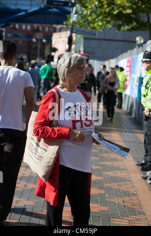 Birmingham, UK. 7th October 2012. HS2 campaigner in Birmingham at  the start of the Conservative Party Conference. Stock Photo