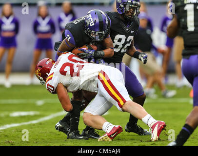 Oct. 6, 2012 - Arlington, Texas, U.S. - TCU Horned Frogs wide receiver Brandon Carter (3) and Iowa State Cyclones linebacker Jake Knott (20) in action during the game between the Iowa State Cyclones and the TCU Horned Frogs  at the Amon G. Carter Stadium in Fort Worth, Texas. Iowa State defeats TCU 37 to 23. (Credit Image: © Dan Wozniak/ZUMAPRESS.com) Stock Photo