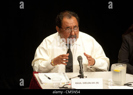 Oct. 9, 2012 - Tucson, Arizona, U.S - Rep. RAUL GRIJALVA (D-Ariz.), the Democratic candidate for Arizona's CD3 race, speaks at a candidate forum at Pima Community College West Campus in Tucson, Ariz.  Immigration, border policy and Grijalva's 2010 call for a state boycott following the passage of SB1070 were frequent topics of discussion. (Credit Image: © Will Seberger/ZUMAPRESS.com) Stock Photo