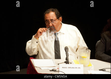 Oct. 9, 2012 - Tucson, Arizona, U.S - Rep. RAUL GRIJALVA (D-Ariz.), the Democratic candidate for Arizona's CD3 race, chews a pen at a candidate forum at Pima Community College West Campus in Tucson, Ariz.  Immigration, border policy and Grijalva's 2010 call for a state boycott following the passage of SB1070 were frequent topics of discussion. (Credit Image: © Will Seberger/ZUMAPRESS.com) Stock Photo