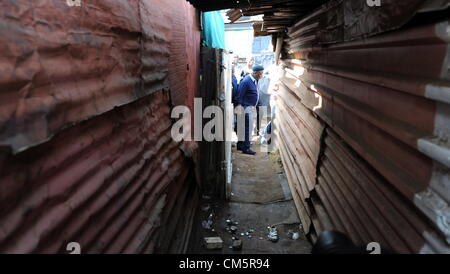 JOHANNESBURG, SOUTH AFRICA: Expelled ANC Youth League leader Julius Malema arrives in Slovo Park informal settlement on October 10, 2012 in Johannesburg, South Africa. The residents invited Malema to address them. (Photo by Gallo Images / Foto24 / Felix Dlangamandla) Stock Photo