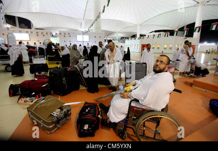 Oct. 11, 2012 - Jeddah, Jeddah, Saudi Arabia - Palestinian Muslim pilgrims arrive at the King Abdulaziz international airport as they prepare to go for their pilgrimage to Mecca, Oct. 12,2012. The event is held in preparation for carrying out the five pillars of Islam in the Holy Land, when they will make their Hajj to Mecca  (Credit Image: © Momen Faiz/APA Images/ZUMAPRESS.com) Stock Photo