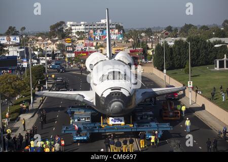 Oct. 13, 2012 - Los Angeles, California (CA, United States - The space shuttle Endeavour makes it's 2nd day trip on city streets in Los Angeles, California, October 13, 2012 . Endeavour on Friday begins a two-day ground journey to its final resting place at the California Science Center. NASA Space Shuttle Program ended in 2011 after 30 years and 135 missions. (Credit Image: © Ringo Chiu/ZUMAPRESS.com) Stock Photo