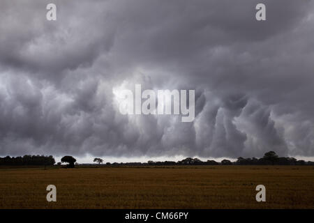 Dark, dramatic storm clouds roll across the sky above an open agricultural field, forming a threatening shelf cloud over the rural landscape. The wide expanse of farmland and distant tree line beneath the turbulent, brooding sky captures the intensity of approaching severe weather in the countryside. Shortly after this photograph was taken heavy rain fell. During the the last 12 hours rain in the area had been recorded as 18.9mm. Stock Photo