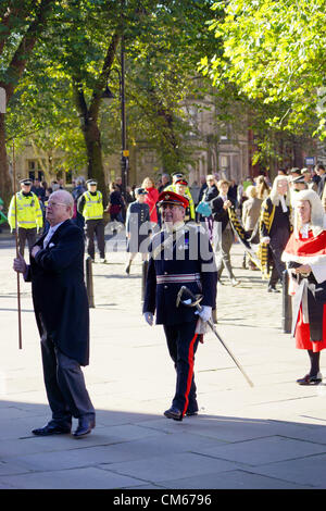 York, UK. 14th October, 2012. Judges, barristers and representatives of the legal community  processed through York today to the Minster for the annual Legal Service for the North-Eastern Circuit to mark the beginning of the legal year. Dignitaries walking upto York Minster. Stock Photo