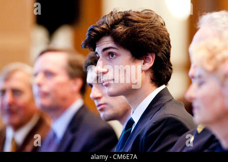 Oct. 14, 2012 - Boston, Massachusetts, U.S. - Grandson of President John F. Kennedy, JACK SCHLOSSBERG listens to a speaker at the 50th anniversary program of the Cuban Missile Crisis at the Kennedy Library. (Credit Image: © Kelvin Ma/ZUMAPRESS.com) Stock Photo