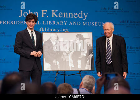 Oct. 14, 2012 - Boston, Massachusetts, U.S. - JACK SCHLOSSBERG (L) the grandson of President John F. Kennedy, is presented with a coin from SERGEI KHRUSHCHEV, son of former Soviet leader Nikita Khrushchev, commemorating at the 50th anniversary program of the Cuban Missile Crisis at the Kennedy Library. (Credit Image: © Kelvin Ma/ZUMAPRESS.com) Stock Photo