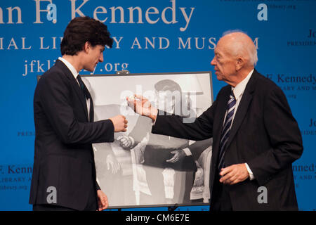 Oct. 14, 2012 - Boston, Massachusetts, U.S. - JACK SCHLOSSBERG (L) the grandson of President John F. Kennedy, is presented with a coin from SERGEI KHRUSHCHEV, son of former Soviet leader Nikita Khrushchev, commemorating at the 50th anniversary program of the Cuban Missile Crisis at the Kennedy Library. (Credit Image: © Kelvin Ma/ZUMAPRESS.com) Stock Photo