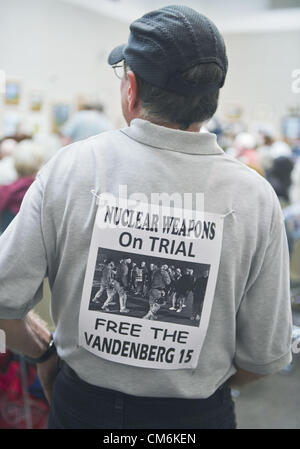 Oct. 16, 2012 - Santa Barbara, California, U.S. - Charges were expected to be dropped Wednesday against the Vandenberg 15 - - including Daniel Ellsberg, Cindy Sheehan and Fr. Louis Vitale - - stemming from their February protest of a Minuteman III intercontinental ballistic missile launch from Vandenberg Air Force Base. Most of the defendants in the case spoke at a forum, ''Putting U.S. Nuclear Weapons Policies on Trial,'' the evening before the trial was to begin. (Credit Image: © PJ Heller/ZUMAPRESS.com) Stock Photo
