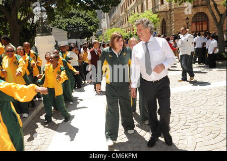 CAPE TOWN, SOUTH AFRICA: Paralympic athlete Natalie du Toit and swimming coach Karoly von Toros outside Parliament on October 16, 2012 in Cape Town, South Africa. Parliament paid tribute to the Paralympians who bagged 29 medals, 8 of which were gold, during the Paralympic Games in London. (Photo by Gallo images / Foto24 / Michael Hammond) Stock Photo