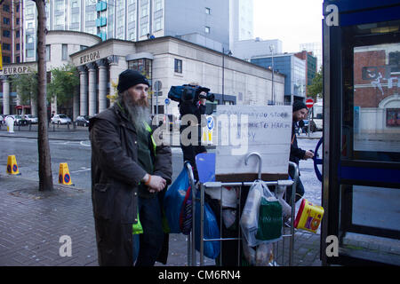 Belfast, UK. 18th October, 2012. Even the homeless protesting at at the opening of the Marie stopes clinic in Belfast. The private clinic, which opened today, offers abortions under the law in Northern Ireland. Stock Photo