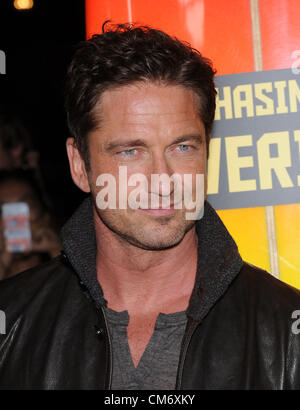 Oct. 18, 2012 - Los Angeles, California, U.S. - Gerard Butler arrives for the premiere of the film 'Chasing Mavericks' at the Pacific Theatres at The Grove. (Credit Image: © Lisa O'Connor/ZUMAPRESS.com) Stock Photo