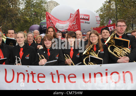 Embankment, London, UK. 20th October 2012. The Unite union brass band players, as the marchers assemble on the Embankment. TUC anti-austerity march through London. Organised by the TUC, with members from different unions march against the coalition governments austerity plan. Credit:  Matthew Chattle / Alamy Live News Stock Photo