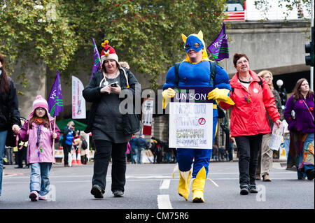 London, UK - 20 October 2012: thousands of protesters join the TUC-organised march 'A future that works' against austerity cuts in central London. Stock Photo