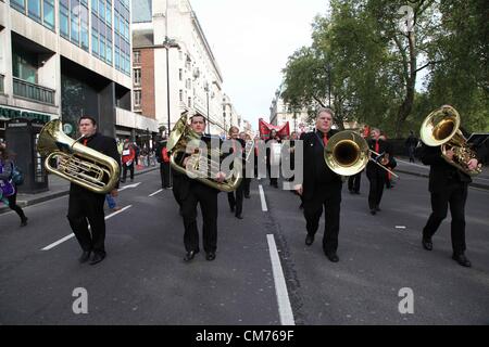 London, UK. 20th October 2012 A band marches alongside members of the Unite union. Thousands gathered in Central London to join the march 'A Future that Works' organized by TUC. Credit:  nelson pereira / Alamy Live News Stock Photo