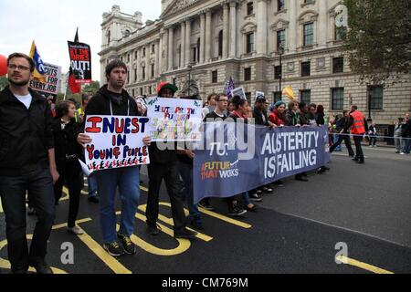 London, UK. 20th October 2012 The front of the march passes Whitehall. Thousands gathered in Central London to join the march 'A Future that Works' organized by TUC. Credit:  nelson pereira / Alamy Live News Stock Photo