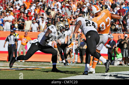 Oct. 21, 2012 - Florida, U.S. - Tampa Bay Buccaneers wide receiver Vincent Jackson (83) steps out of bounds as the Bucs attempt to tie the game on third down on the final drive of the game, as New Orleans Saints free safety Malcolm Jenkins (27) and cornerback Corey White (24). SECOND HALF ACTION: The New Orleans Saints play the Tampa Bay Buccaneers at Raymond James Stadium on Sunday. The New Orleans Saints won 35-28. (Credit Image: © Daniel Wallace/Tampa Bay Times/ZUMAPRESS.com) Stock Photo