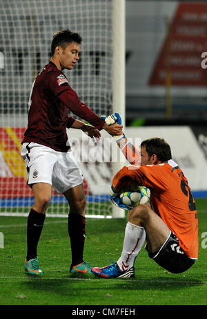 Sparta Prague goalkeeper Jaromir Blazek and player Niklas Hoheneder ...